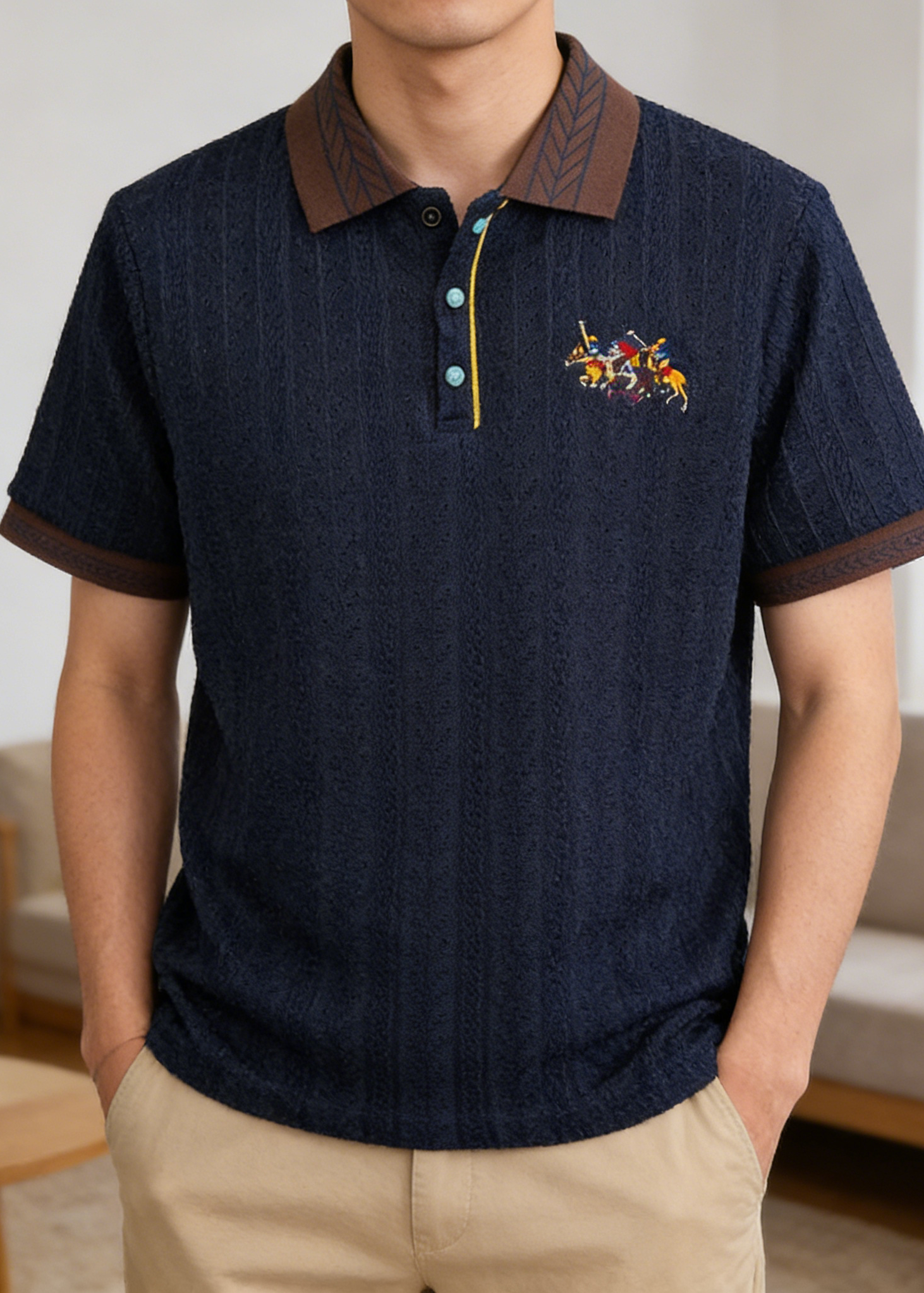 Men's Retro Textured Knit Polo Shirt - Vintage Embroidery Color-Block Short Sleeve Knitwear