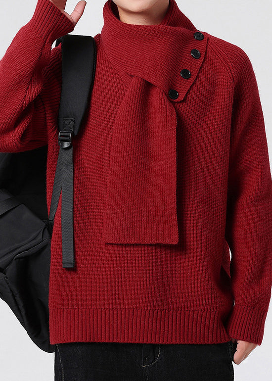 Men’s Buttoned Scarf-Collar Knit Sweater