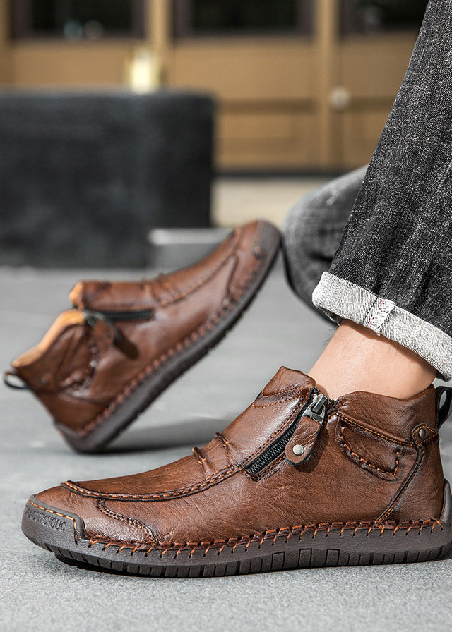 Men‘s Slip-On Leather Martin Boots – Round Toe, Casual, Breathable & Durable