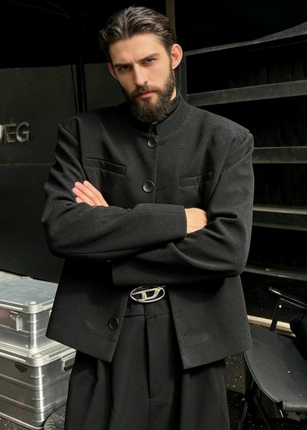 Premium Men's Mandarin Collar Blazer | Slim Fit Structured Jacket with Padded Shoulders