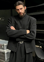 Premium Men's Mandarin Collar Blazer | Slim Fit Structured Jacket with Padded Shoulders