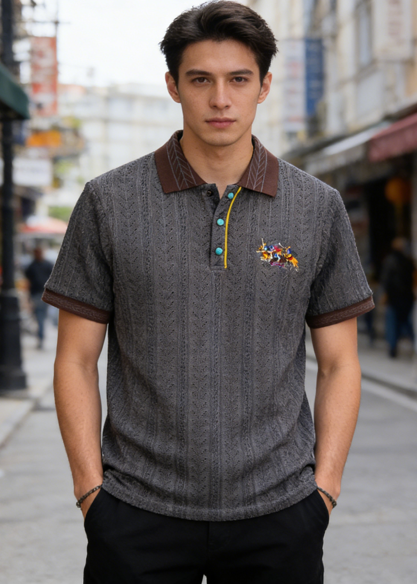 Men's Retro Textured Knit Polo Shirt - Vintage Embroidery Color-Block Short Sleeve Knitwear