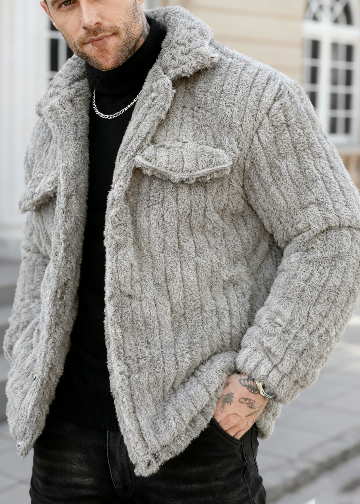 Men’s Plush Fleece Collar Jacket – Warm, Soft & Casual Winter Outerwear