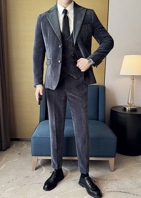 Vintage Luxury Chenille Suit Set with Contrast Leather Peak Lapel Slim Fit Groom Tuxedo & Party Wear