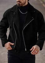 Men’s Asymmetric Zip Moto Jacket – Wide Lapel Coat, Casual Street Outerwear with Side