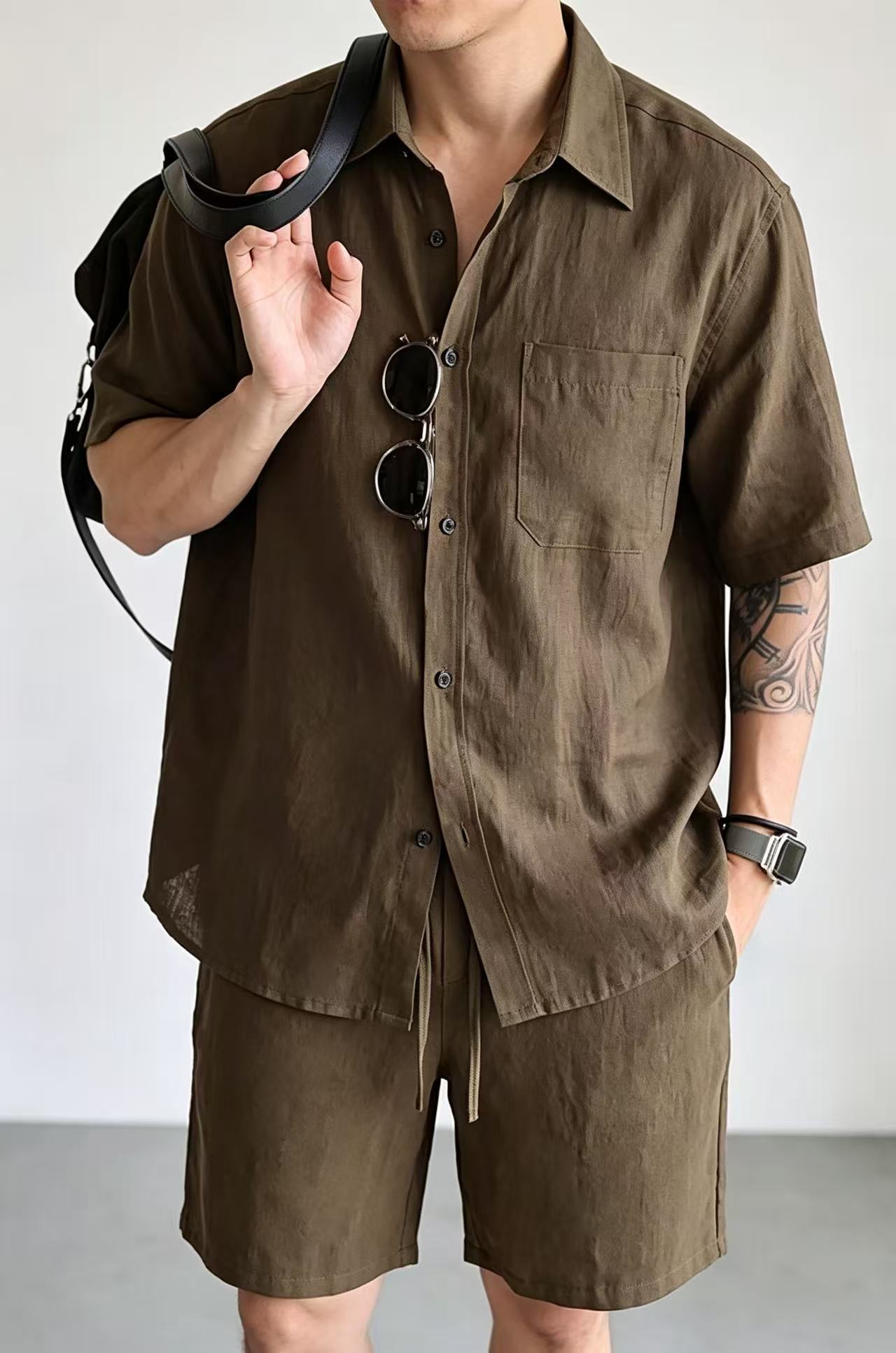 Men's Premium Linen-Look Short-Sleeve Shirt & Shorts Set
