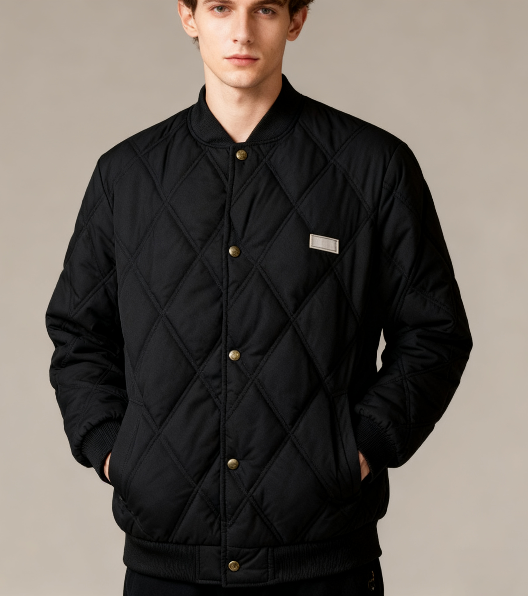 Diamond Quilted Stand-Collar Baseball Jacket