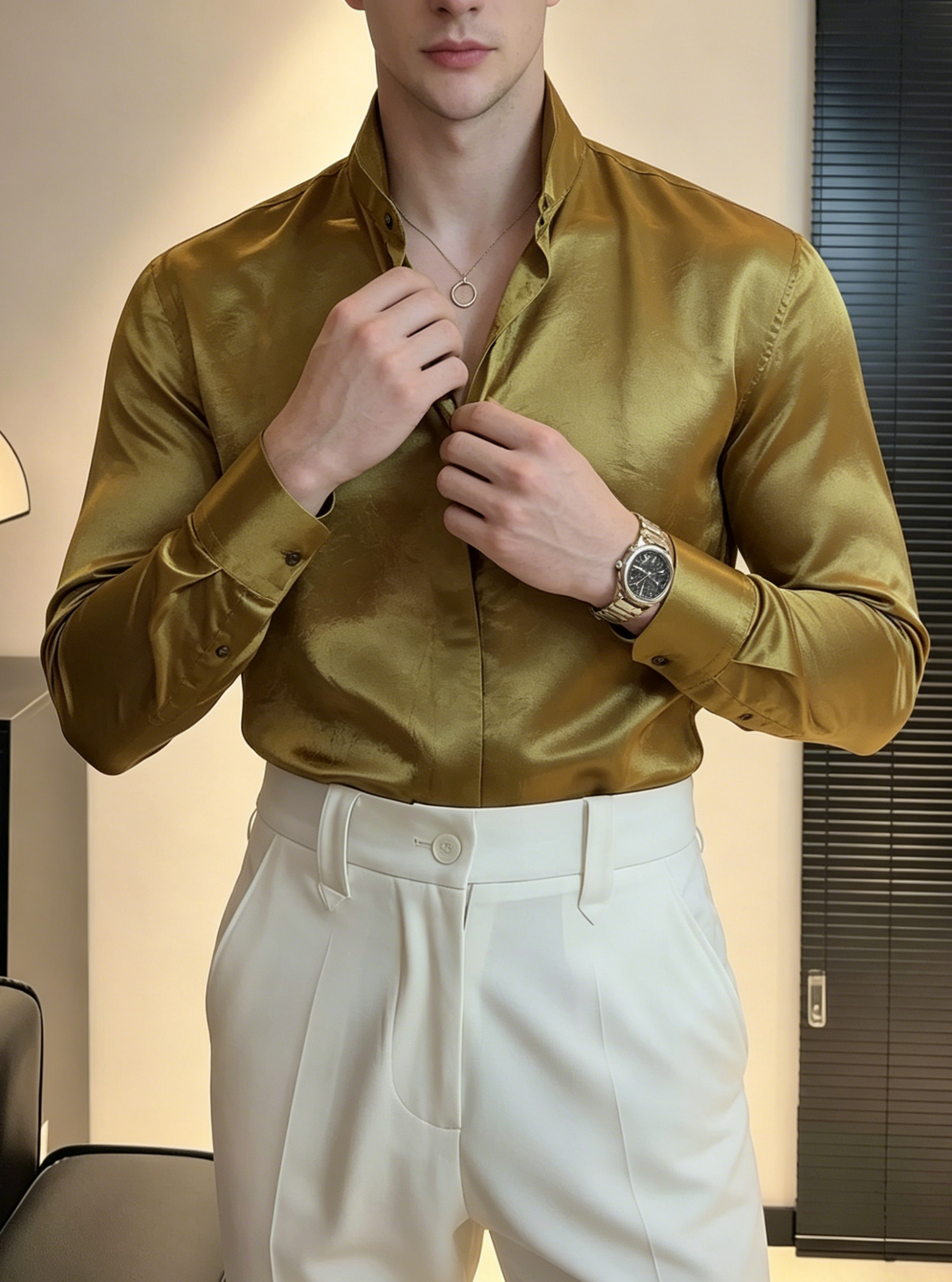 Premium Wrinkle-Textured Silky Long-Sleeve Shirt