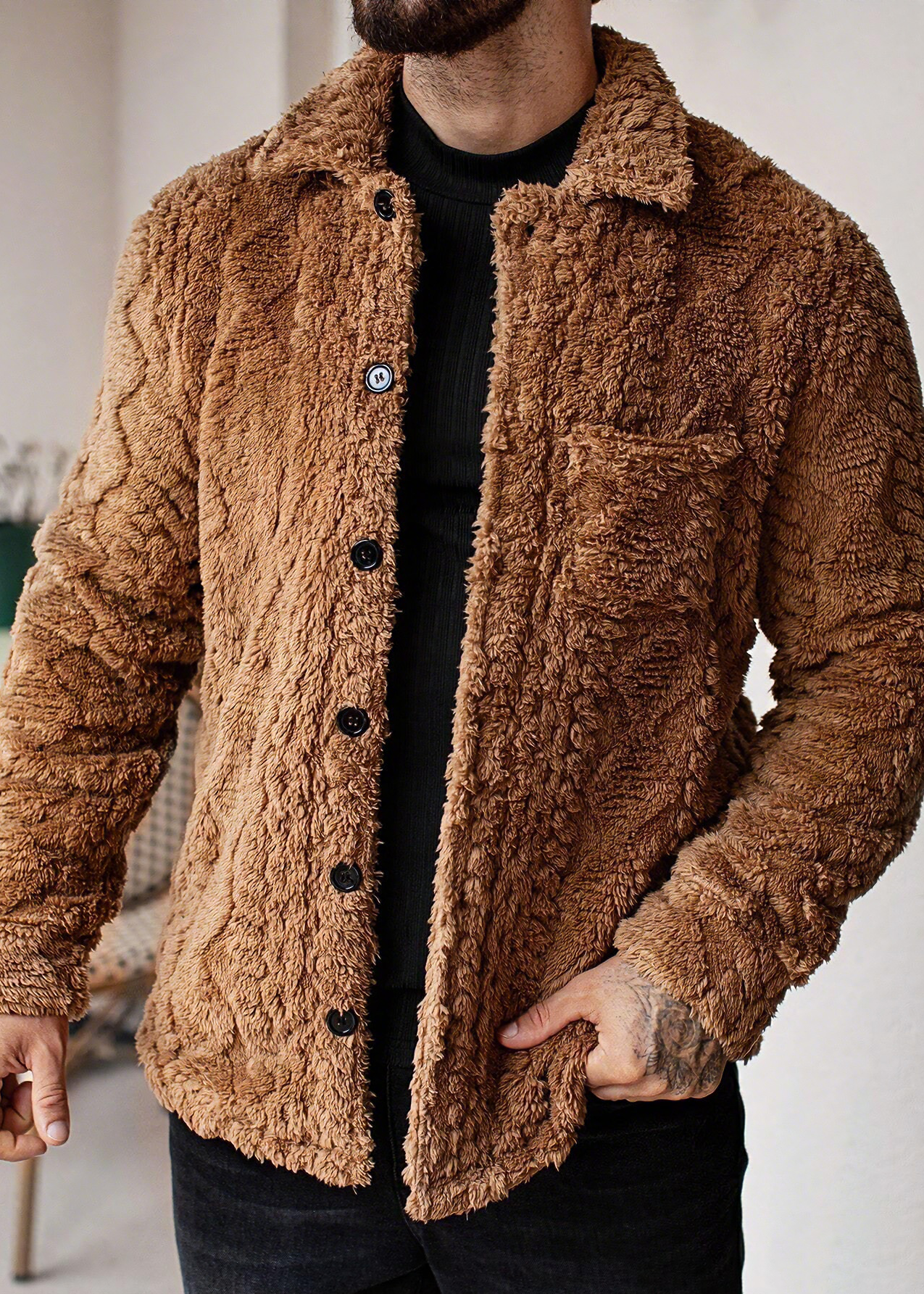 Vintage Jacquard Fleece Jacket for Men – Warm Winter Lapel Outerwear
