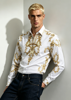 Men's Luxury Baroque Gold Print Shirt - Slim Fit Rhinestone Long Sleeve