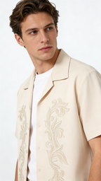 Men's Elegant Embroidery Camp Collar Short Sleeve Shirt