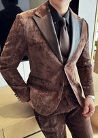 Vintage Luxury Chenille Suit Set with Contrast Leather Peak Lapel Slim Fit Groom Tuxedo & Party Wear