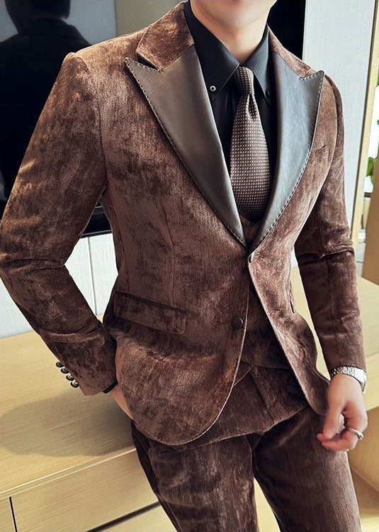 Vintage Luxury Chenille Suit Set with Contrast Leather Peak Lapel Slim Fit Groom Tuxedo & Party Wear