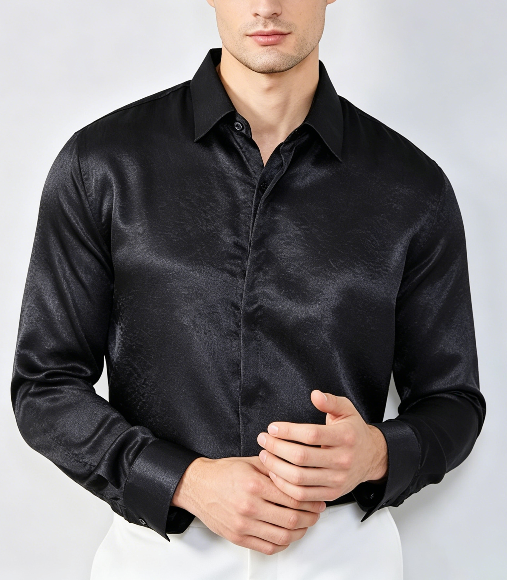 Premium Wrinkle-Textured Silky Long-Sleeve Shirt