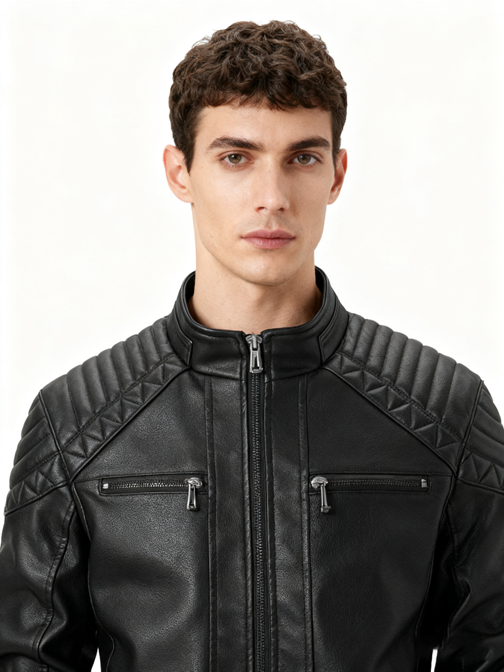 Fleece-Lined Stand Collar Leather Jacket