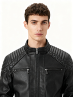 Fleece-Lined Stand Collar Leather Jacket