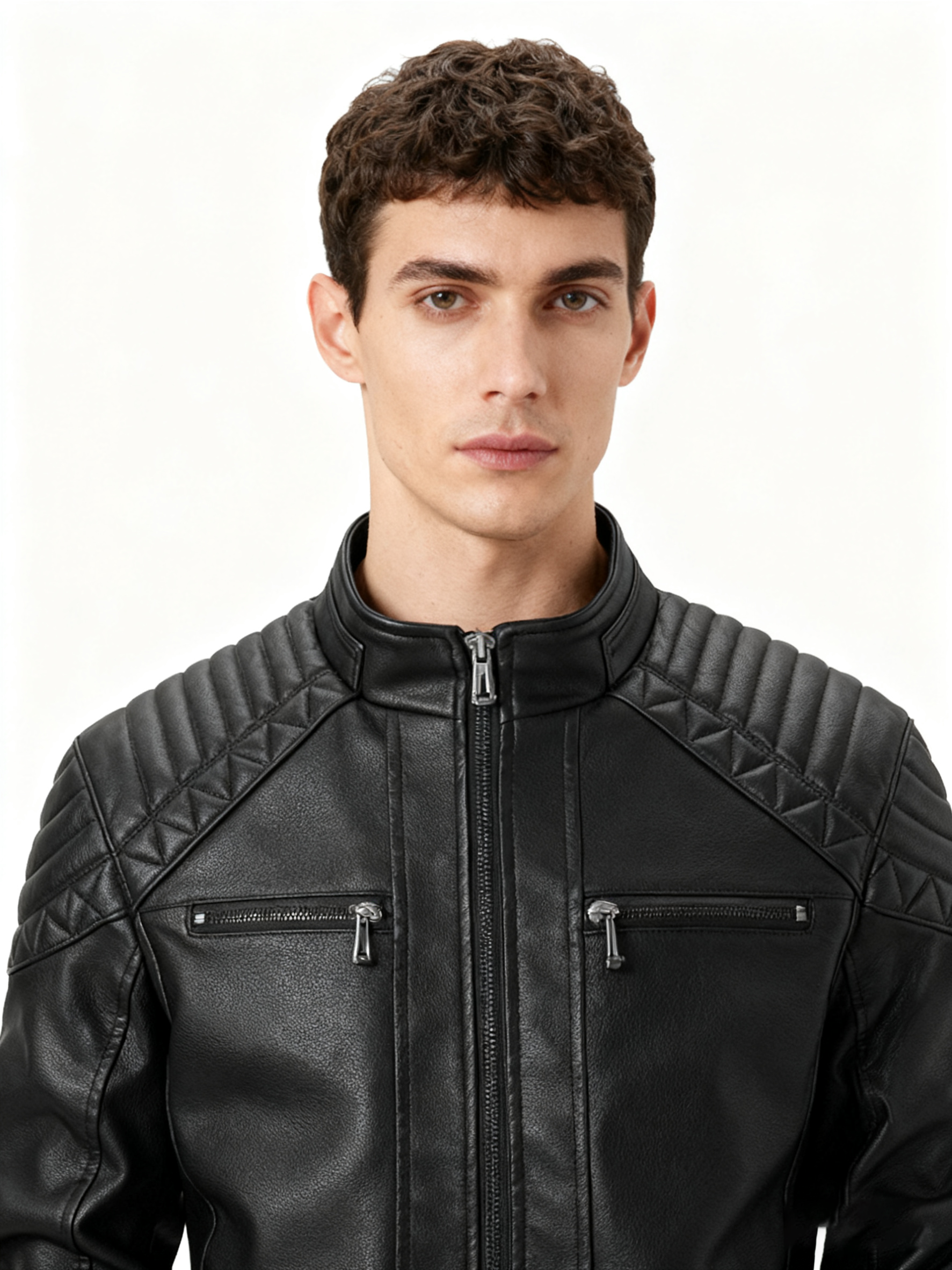 Fleece-Lined Stand Collar Leather Jacket