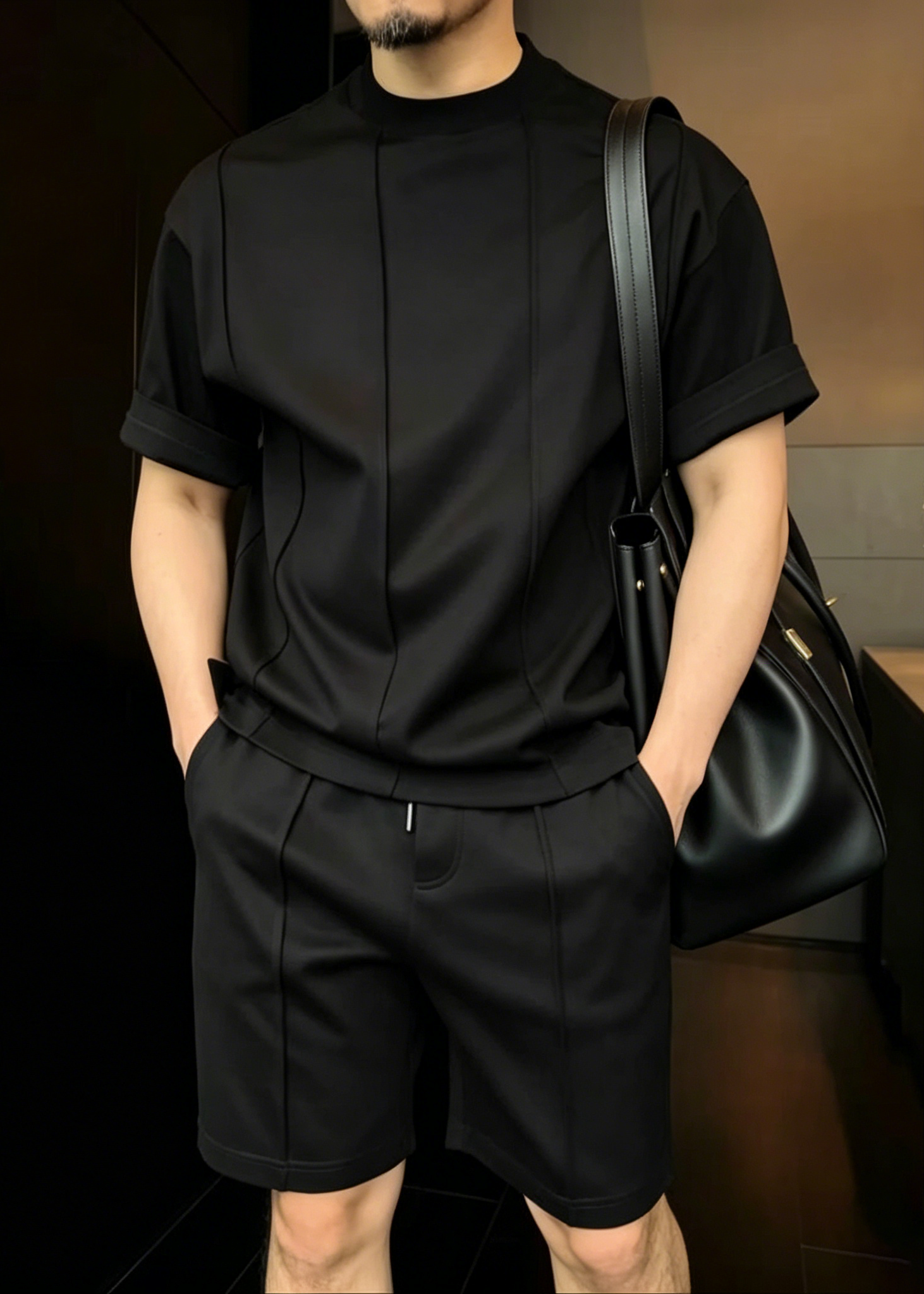 Men's Minimalist Urban Lounge Set – Premium Crew Neck T-Shirt & Tailored Shorts Two-Piece Outfit