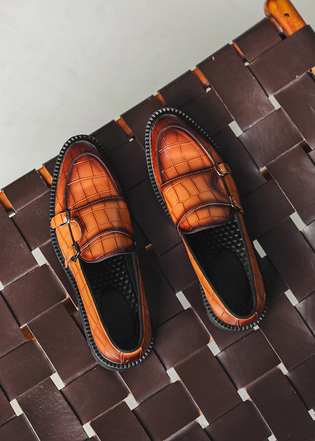 Men’s Double Buckle Chunky Sole Loafers – Retro Slip-On Dress Shoes