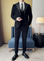 Vintage Luxury Chenille Suit Set with Contrast Leather Peak Lapel Slim Fit Groom Tuxedo & Party Wear