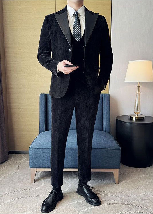 Vintage Luxury Chenille Suit Set with Contrast Leather Peak Lapel Slim Fit Groom Tuxedo & Party Wear