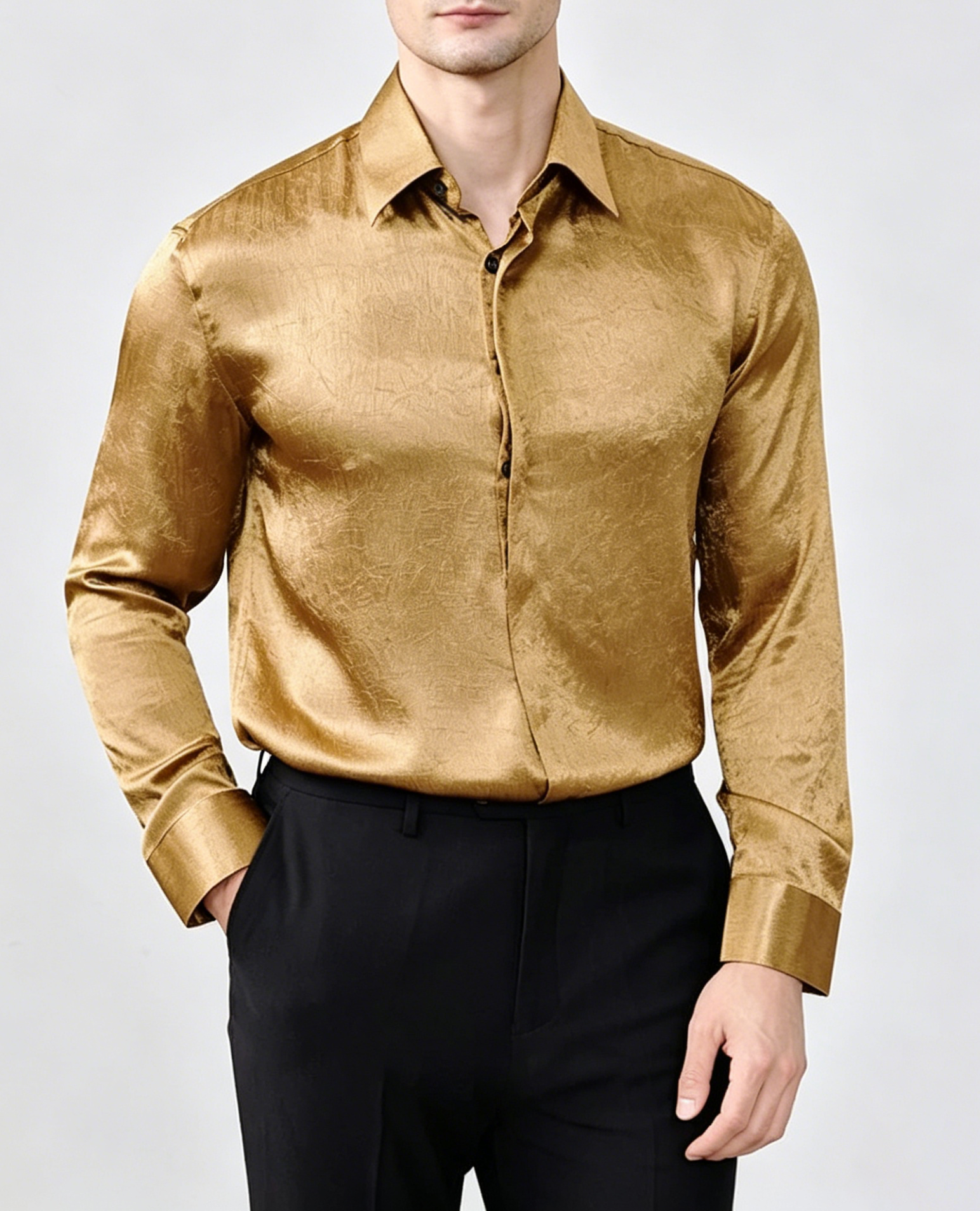 Premium Wrinkle-Textured Silky Long-Sleeve Shirt
