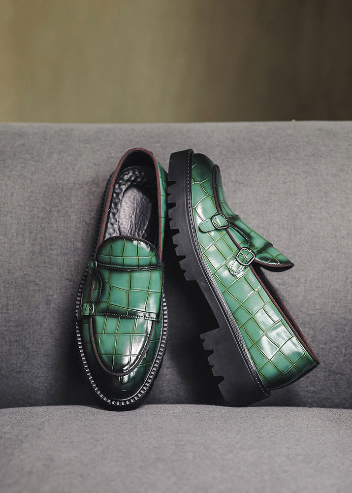 Men’s Double Buckle Chunky Sole Loafers – Retro Slip-On Dress Shoes