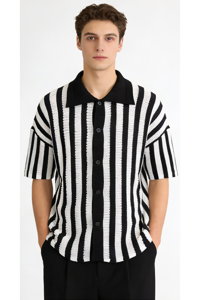 Men's Retro Knitted Striped Camp Collar Shirt