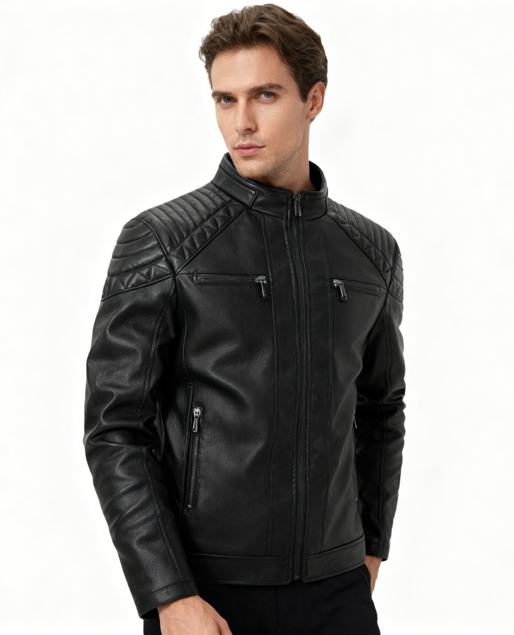 Fleece-Lined Stand Collar Leather Jacket