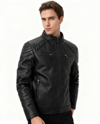 Fleece-Lined Stand Collar Leather Jacket
