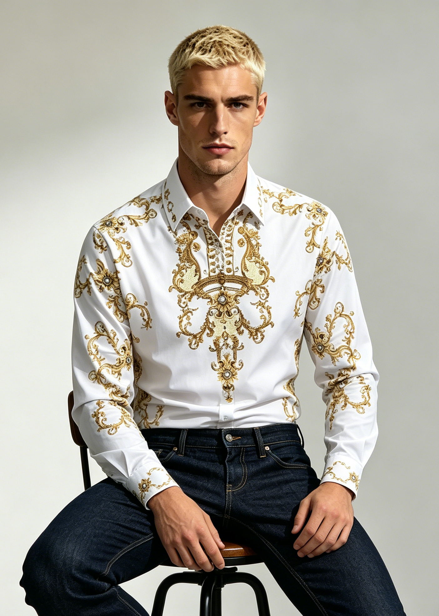 Men's Luxury Baroque Gold Print Shirt - Slim Fit Rhinestone Long Sleeve