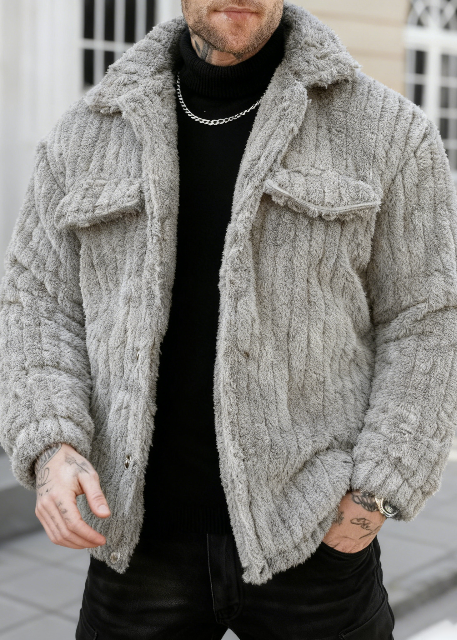 Men’s Plush Fleece Collar Jacket – Warm, Soft & Casual Winter Outerwear