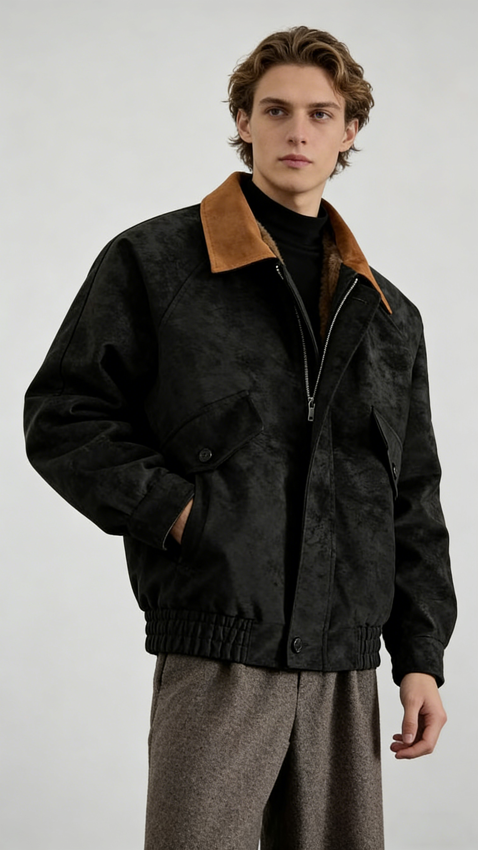 Contrast-Color Suede Lapel Padded Jacket