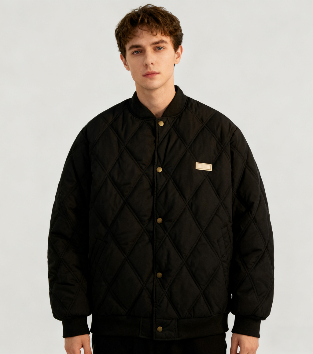 Diamond Quilted Stand-Collar Baseball Jacket