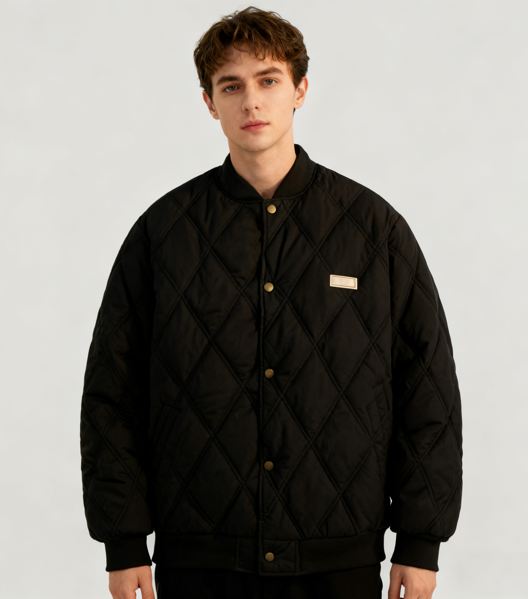 Diamond Quilted Stand-Collar Baseball Jacket