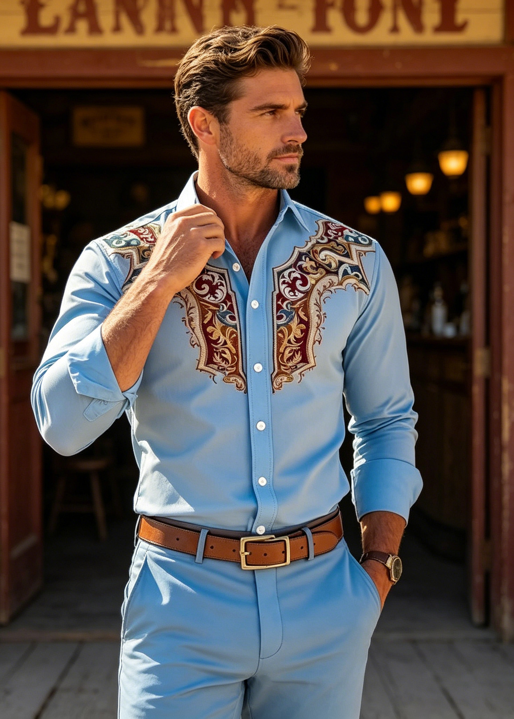 Men’s Western Embroidered Stretch Shirt – Vintage Cowboy Business Casual Button-Up