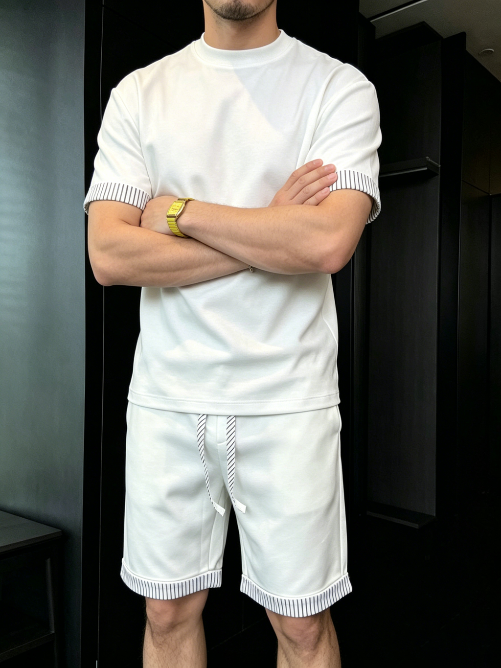 Men's Comfortable Striped Contrast Short-Sleeve Set