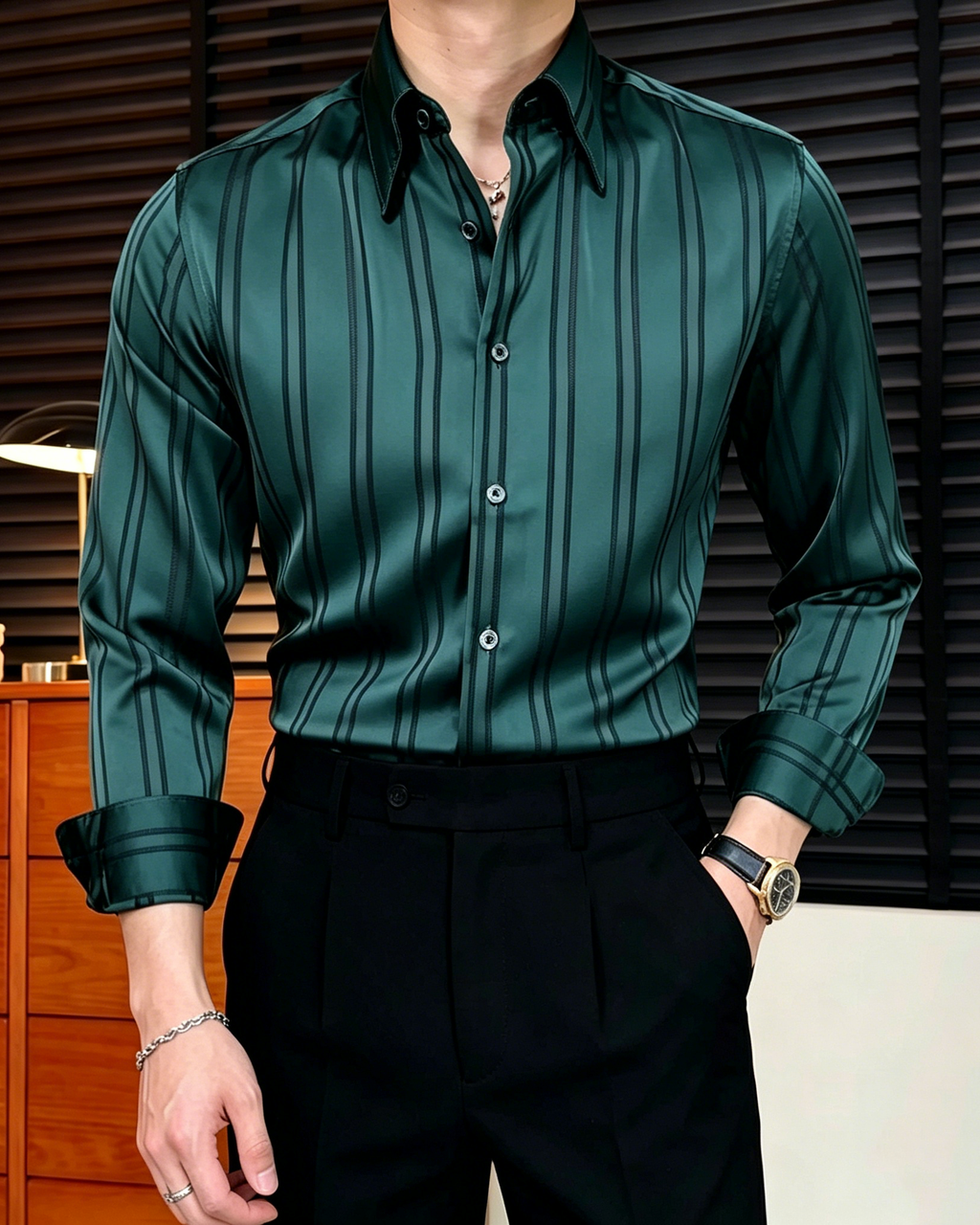 Luxury Striped Satin Shirt - Men's Premium Long Sleeve Slim Fit Casual Business Dress Shirt
