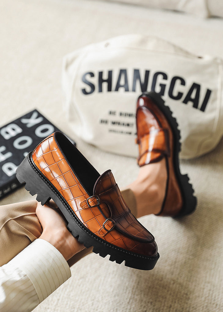 Men’s Double Buckle Chunky Sole Loafers – Retro Slip-On Dress Shoes