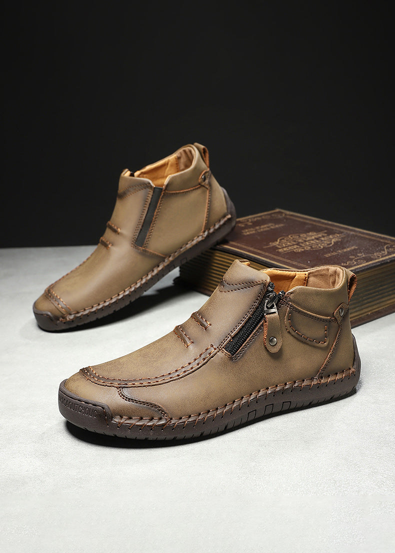 Men‘s Slip-On Leather Martin Boots – Round Toe, Casual, Breathable & Durable