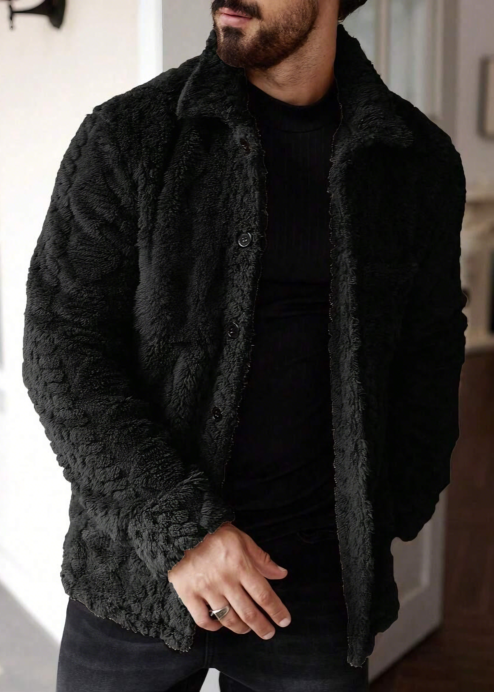 Vintage Jacquard Fleece Jacket for Men – Warm Winter Lapel Outerwear