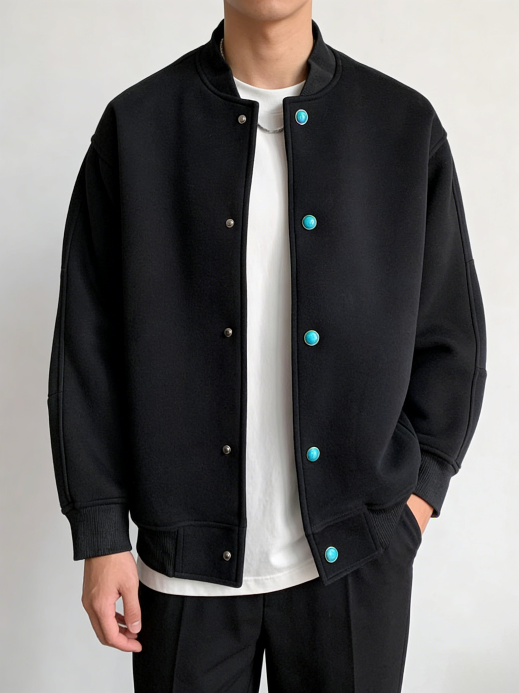 Men’s Smart Casual Stand Collar Jacket – Turquoise Accent Lightweight Coat