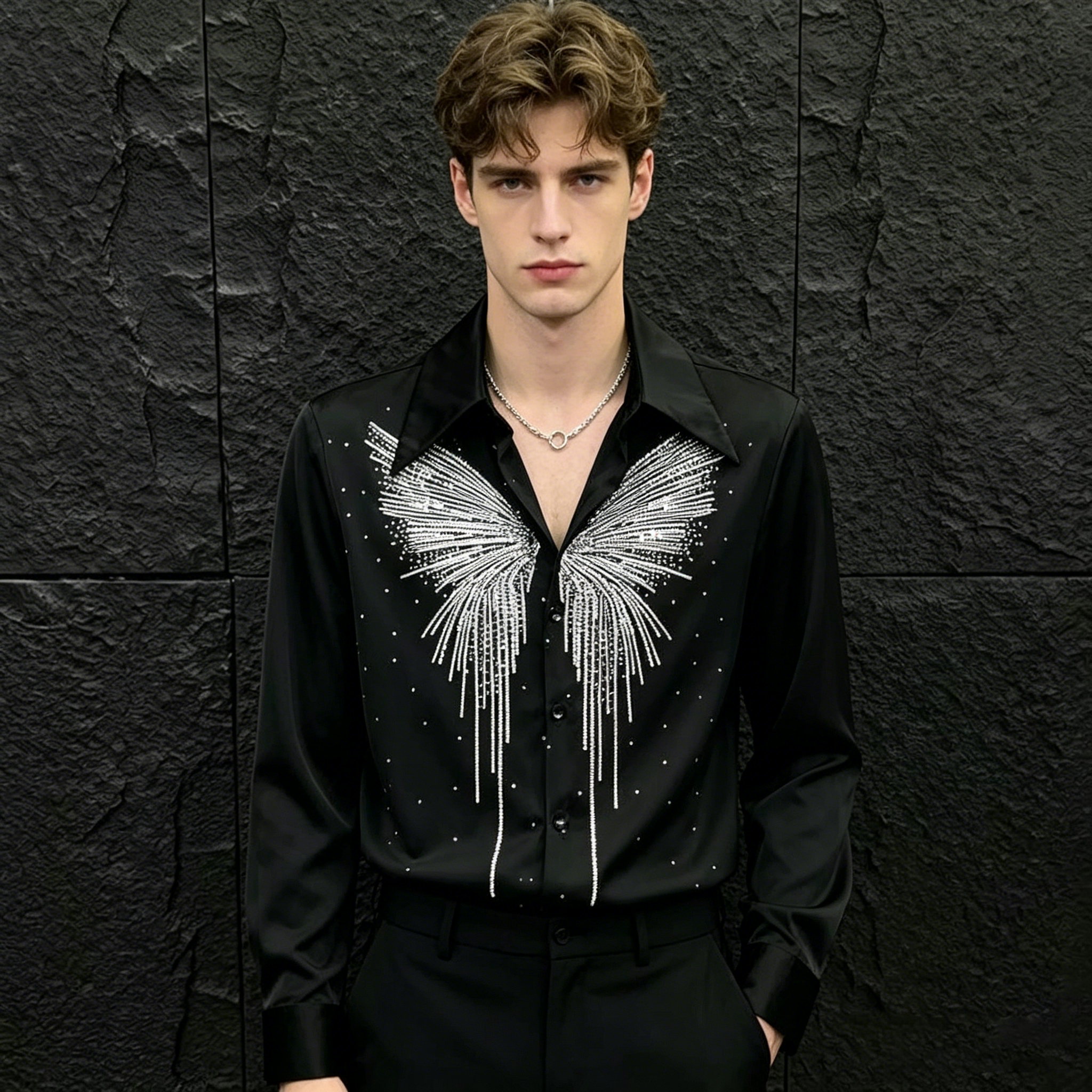 Men's Luxury Shiny Butterfly Rhinestone Slim-Fit Shirt