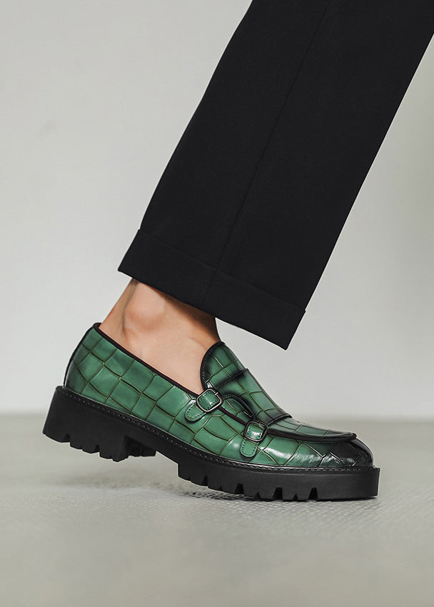 Men’s Double Buckle Chunky Sole Loafers – Retro Slip-On Dress Shoes