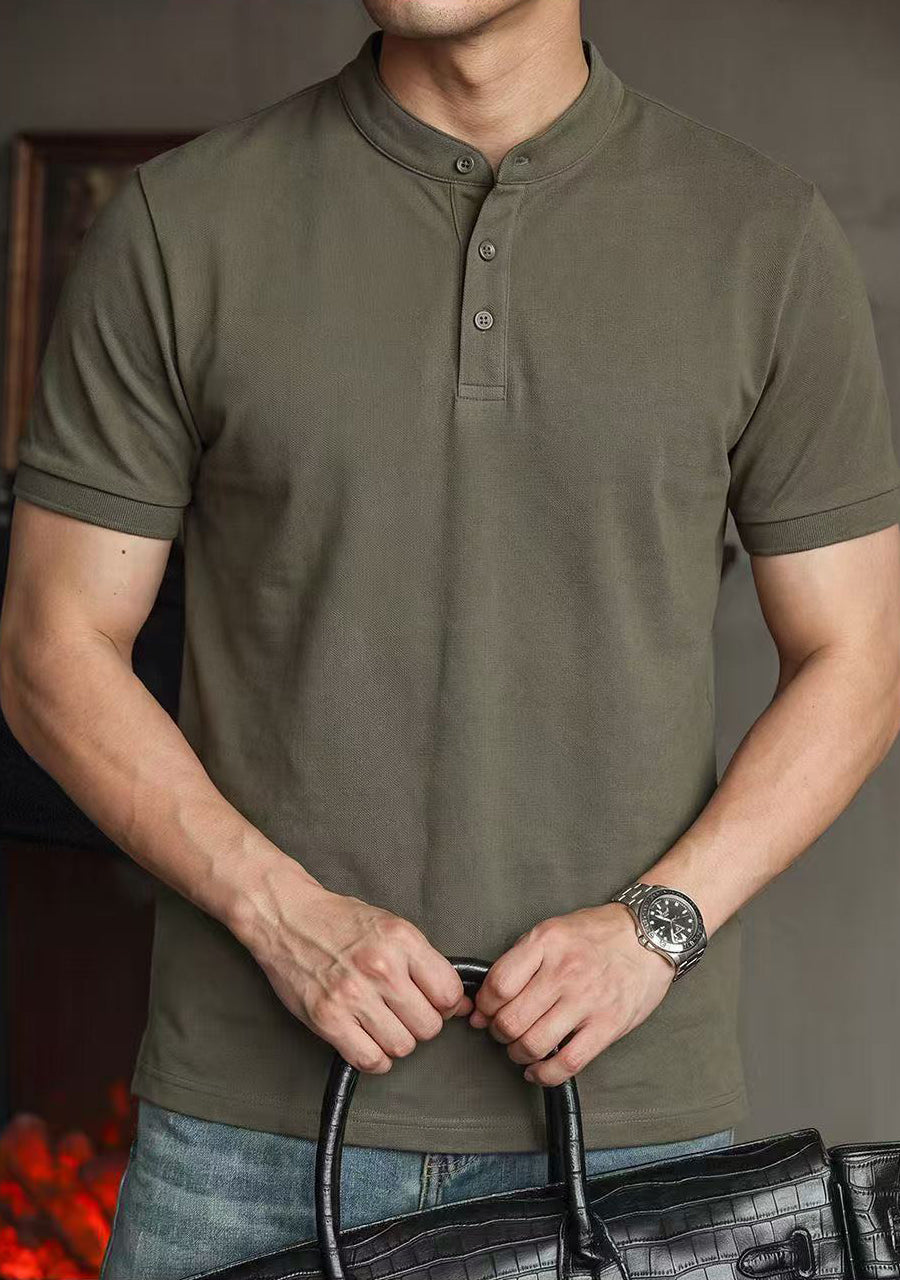 Men's Stand Collar Solid Color Casual Short Sleeve Shirt