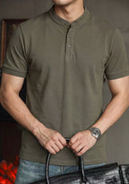 Men's Stand Collar Solid Color Casual Short Sleeve Shirt