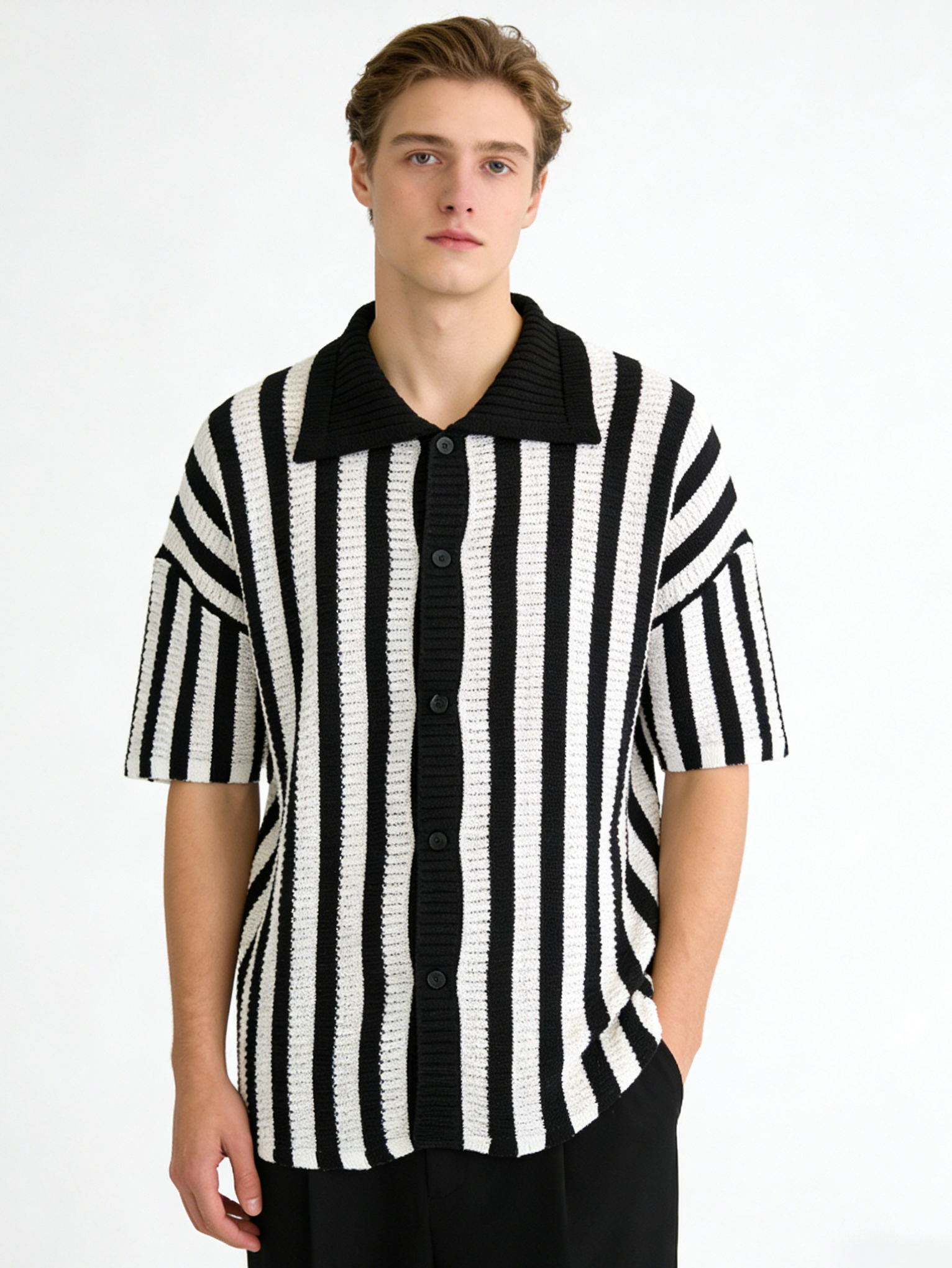Men's Retro Knitted Striped Camp Collar Shirt