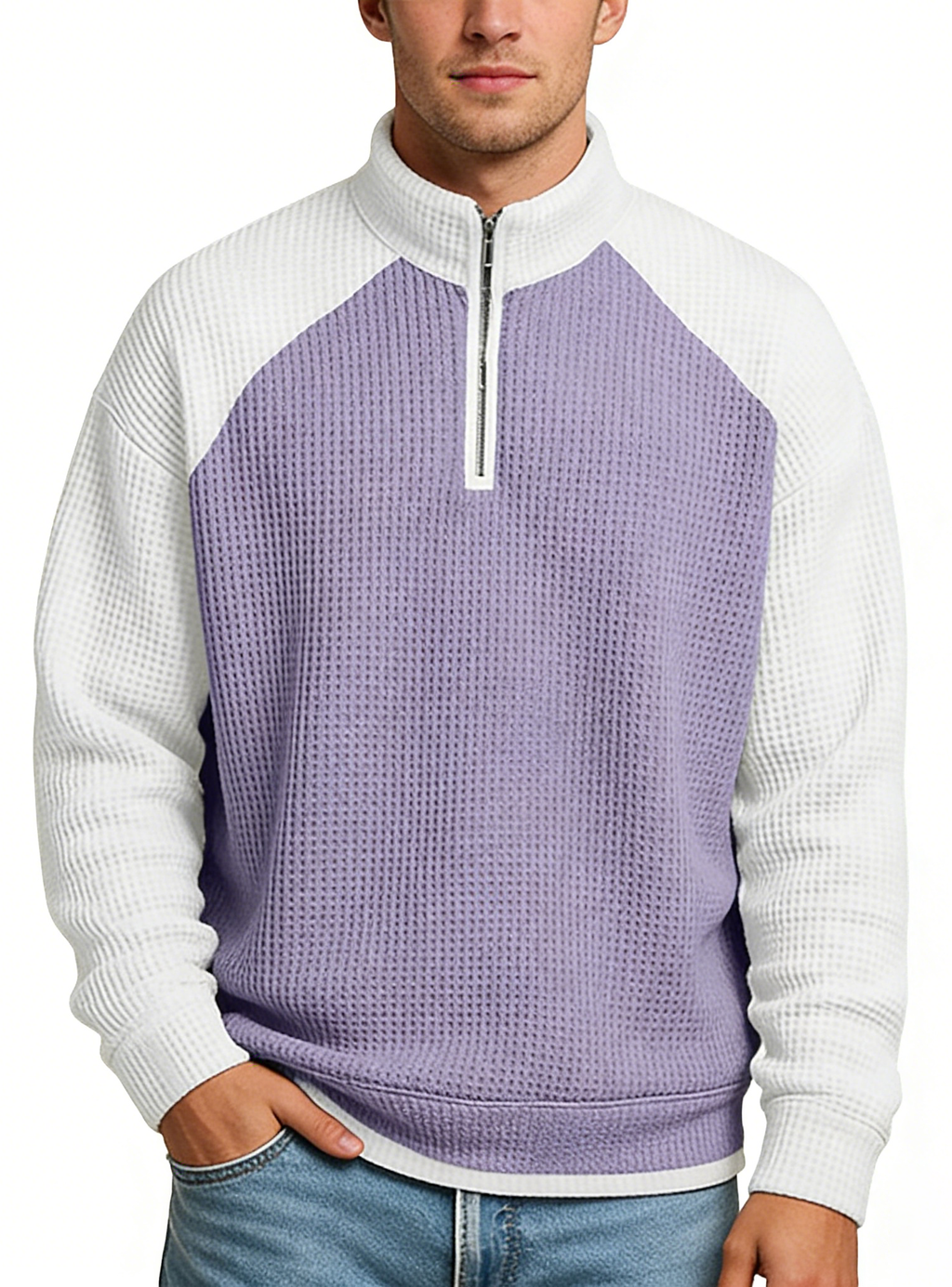 Men's Casual Color-Block Waffle Knit Quarter-Zip Pullover