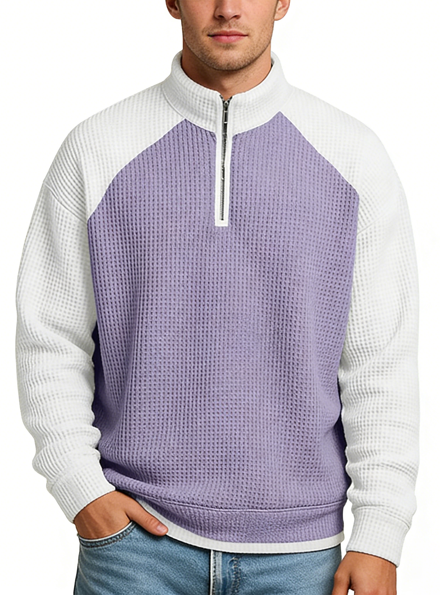 Men's Casual Color-Block Waffle Knit Quarter-Zip Pullover