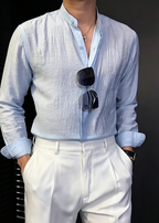 Men's Textured Linen Mandarin Collar Shirt – Lightweight Summer Casual Long Sleeve Shirt